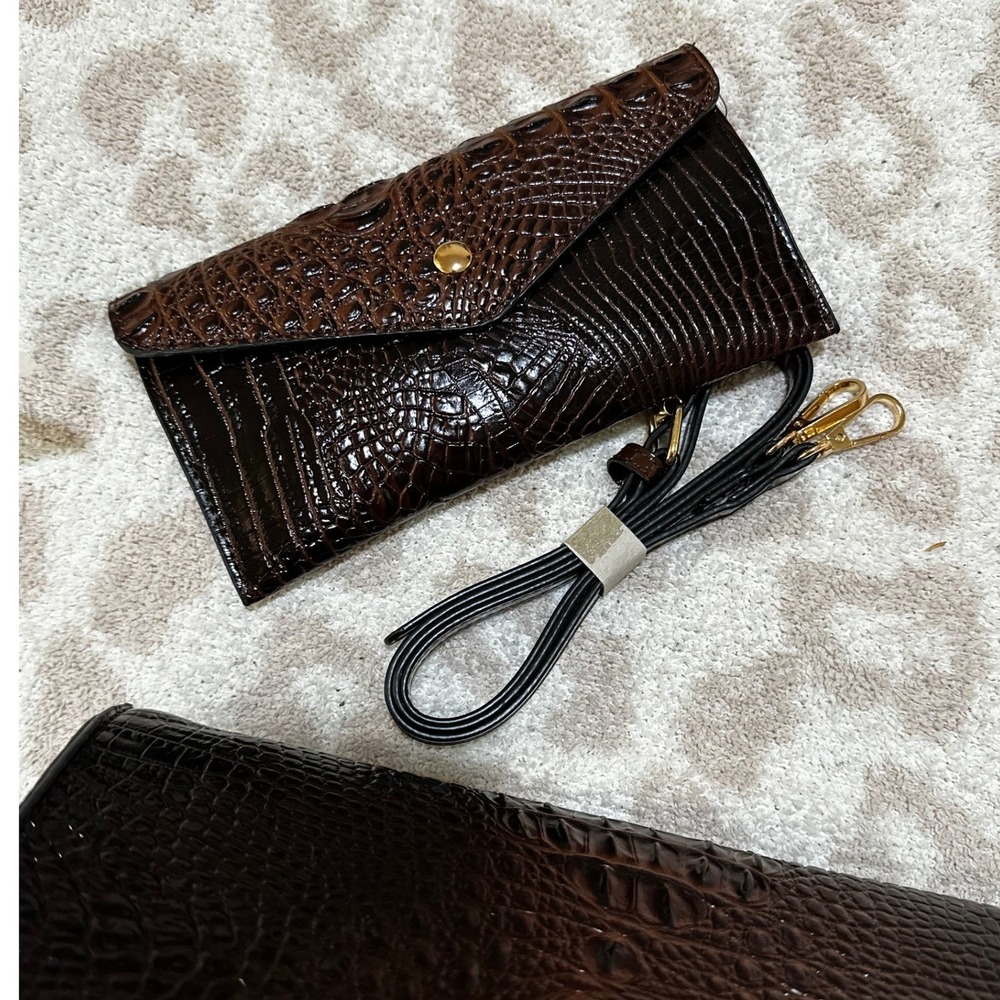 Unbranded Crocodile Embossed Satchel Bag Brown Glossy 2 Piece Set - Picture 4 of 5